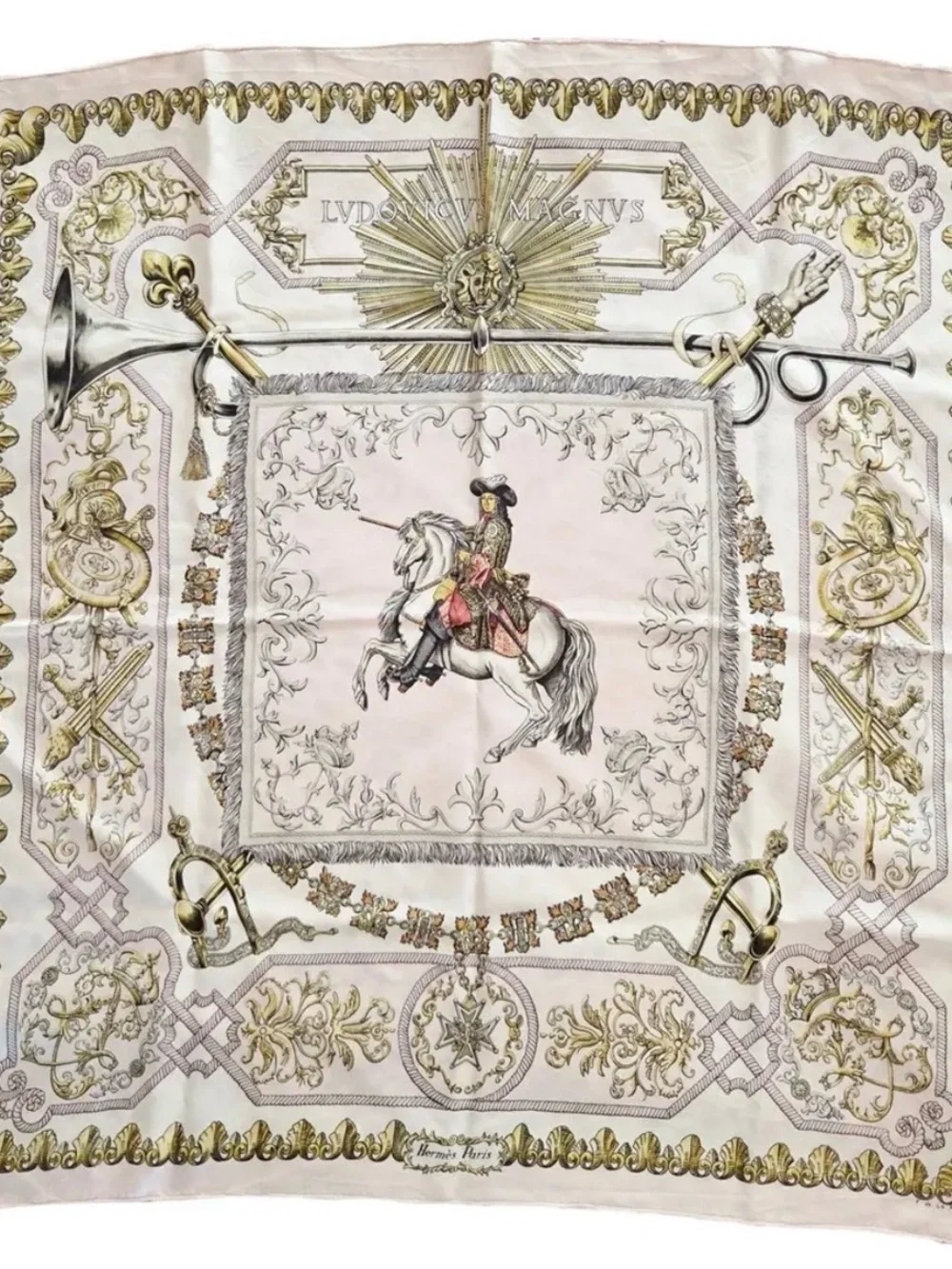 Hermes Pink Cream Gold Horse & Rider Silk Scarf